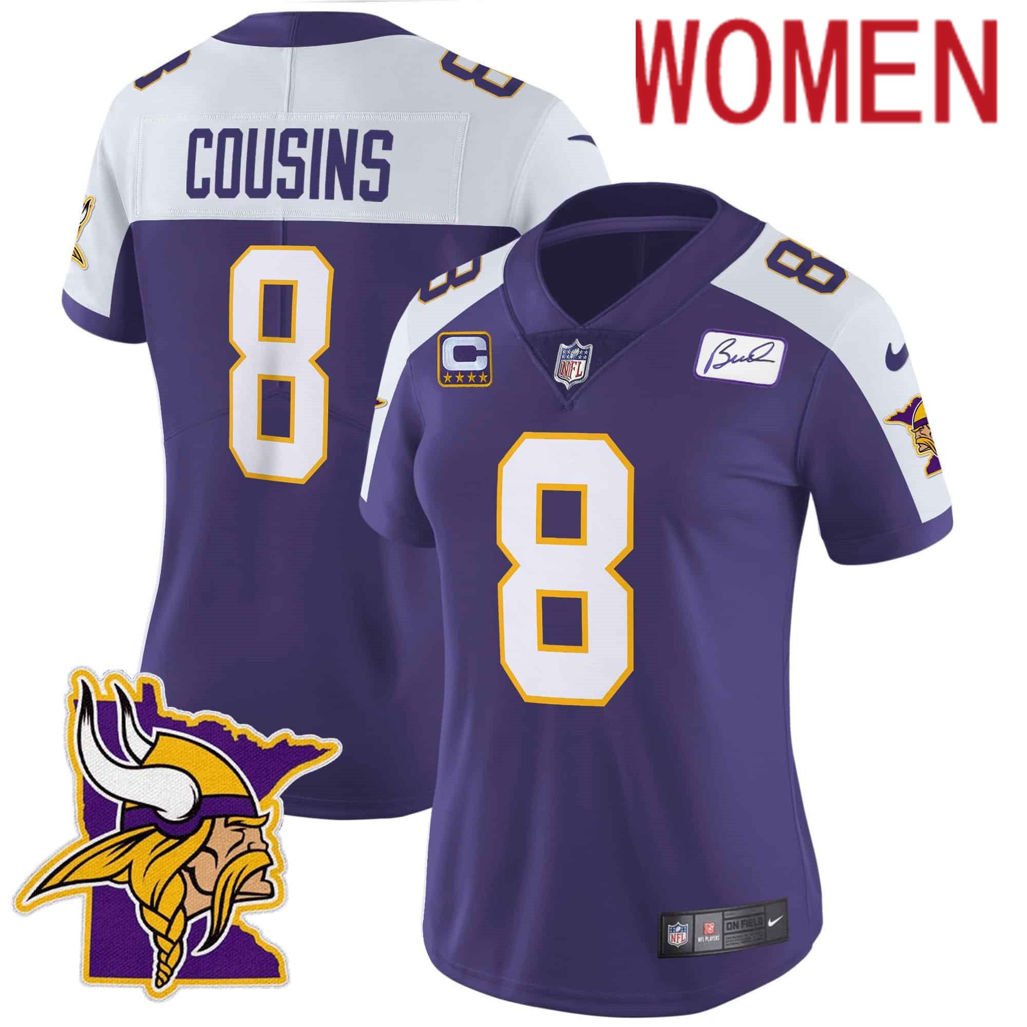 Women Minnesota Vikings #8 Cousins Purple 2024 Nike Patch Classic Limited NFL Jersey
